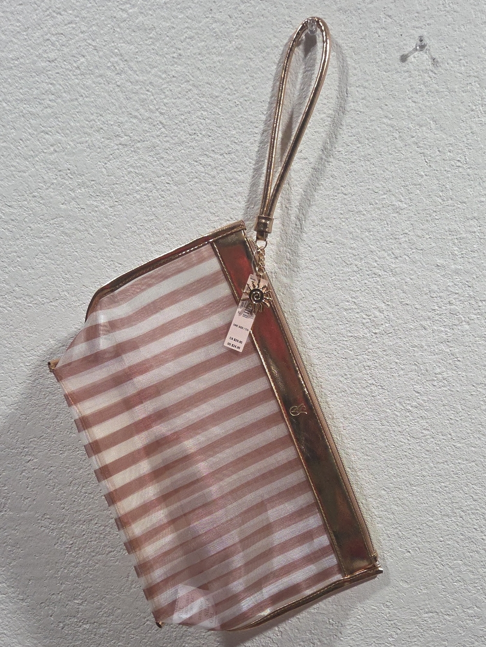 Victoria's Secret Pink Stripe Wristlet with Metallic Gold Trim